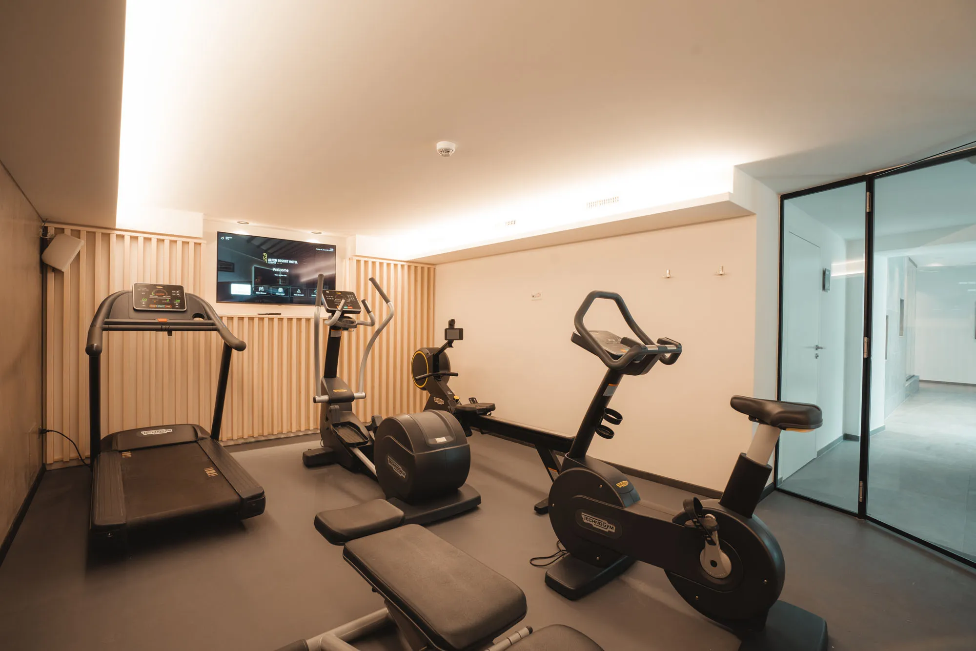 Fitnessraum mit Laufband, Crosstrainer und Ergometern