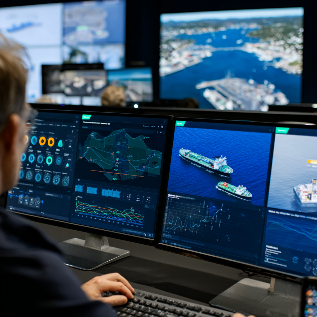 Fleet manager analyzing maritime business intelligence dashboards in a modern control room