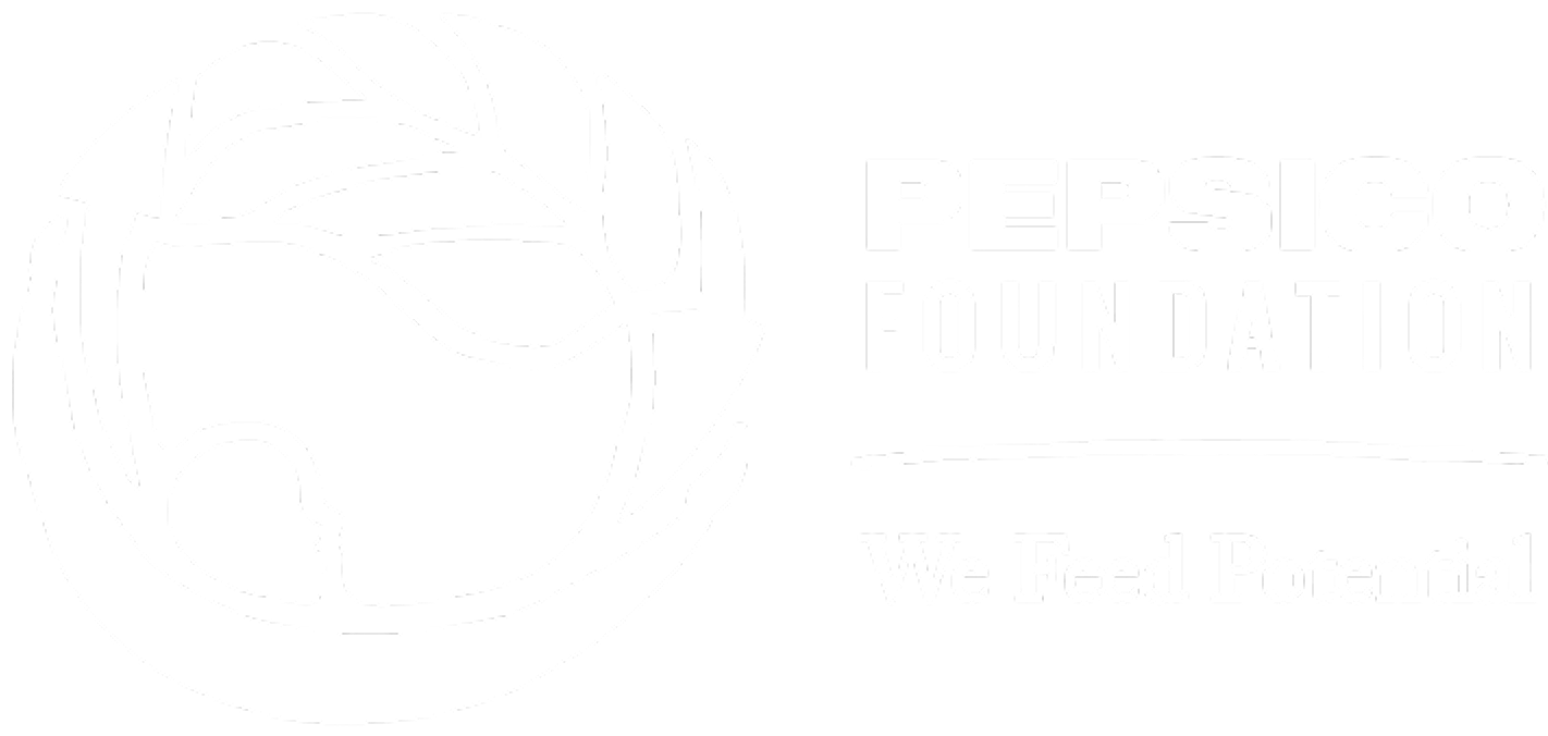 PepsiCo Foundation logo with tagline We Feed Potential and a circular abstract design on black background.