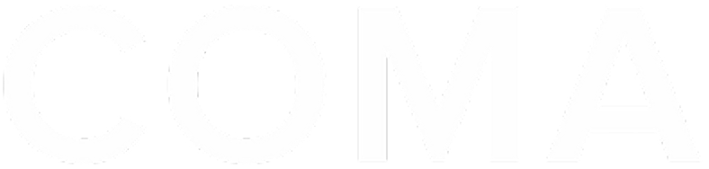 The word COMA in bold white uppercase letters on a black background.