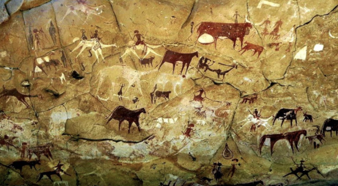 Ancient rock art in present-day Chad depicting herds of cattle and human figures