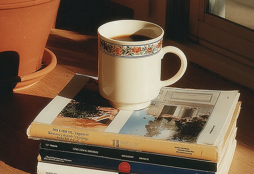 Image of a cup of coffee with books