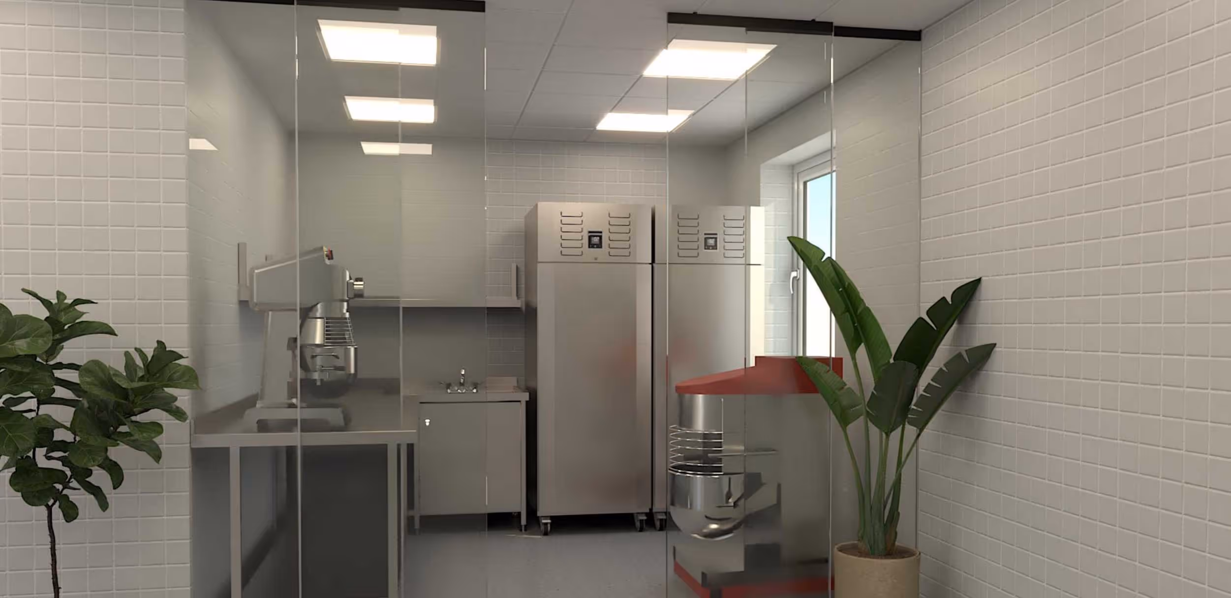 A clean kitchen with stainless steel ovens, mixers, and a potted plant near the window.