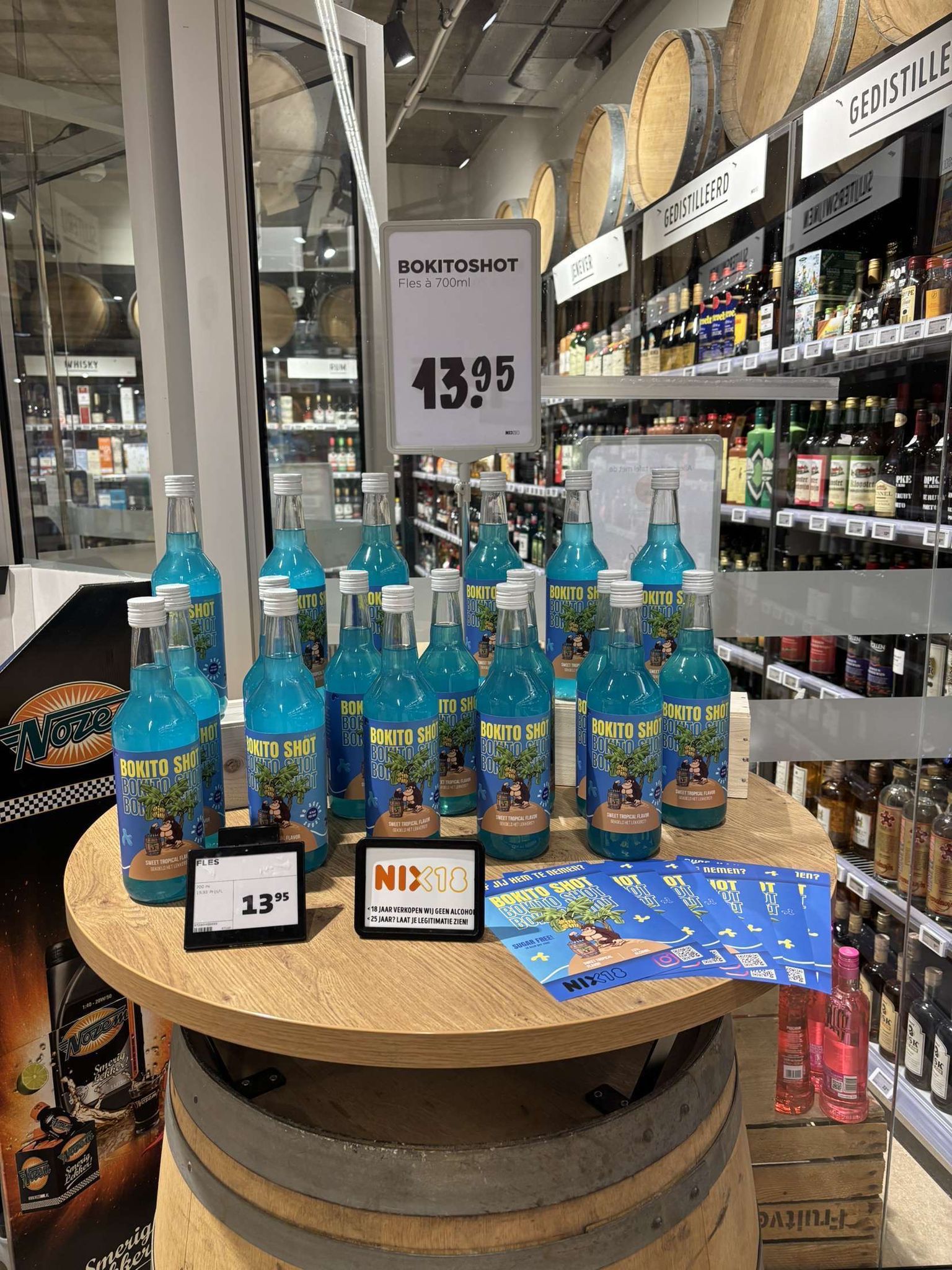 Bokitoshot whisky met promotiemateriaal in Jumbo supermarkt