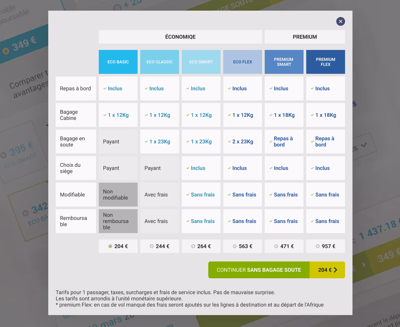 Modale affichant le tableau des sous-classes et toutes les options associées