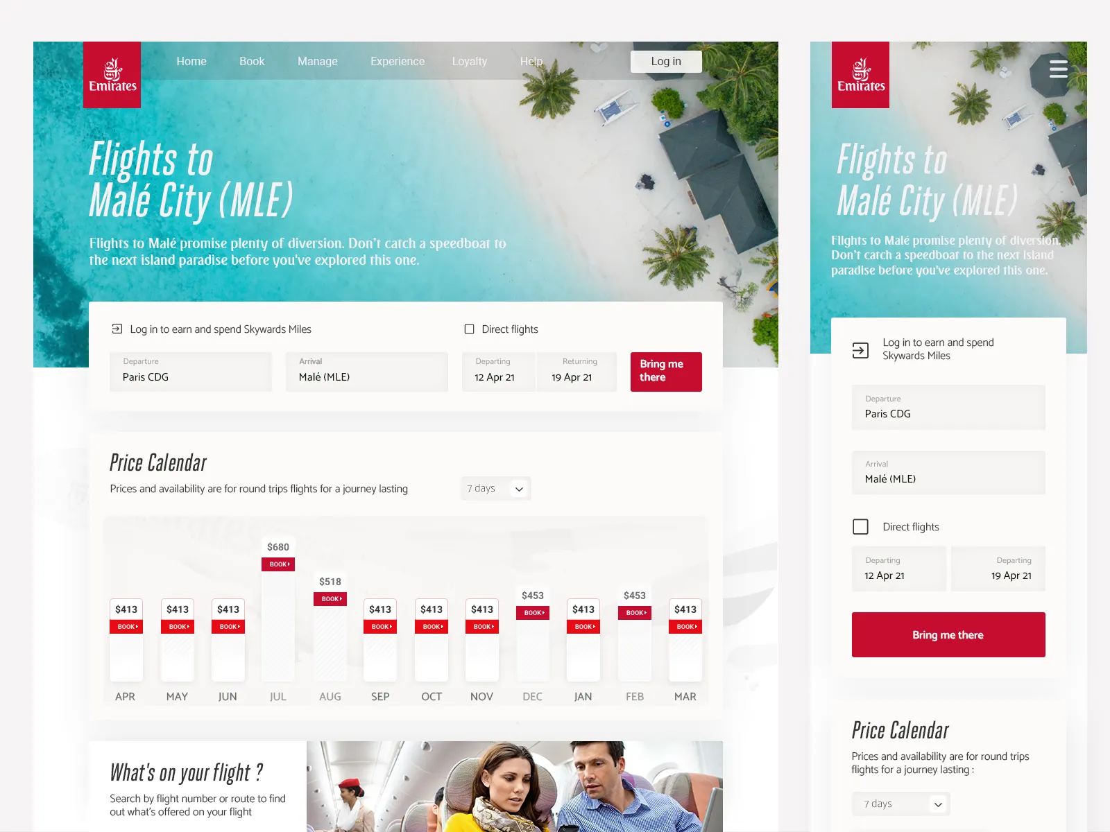 Emirates flight booking page showing flights to Malé City with a price calendar for round trips from Paris CDG, departure and return dates, and an option to log in for Skywards Miles.