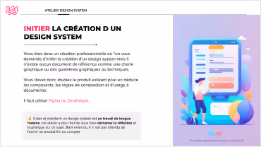 Apperçu d'une des slides du challenge de groupe sur les Design System. Cliquez pour visualiser en plein écran