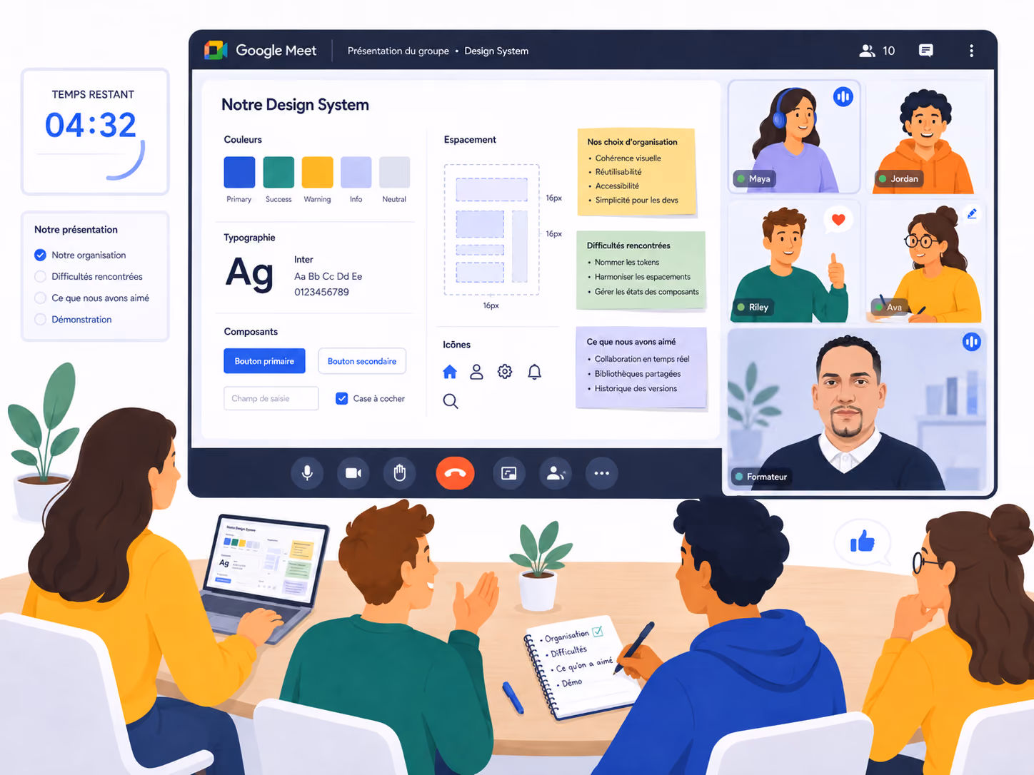Des apprenants présentent leur travail en sous groupe lors d'une restitution sur Google Meet