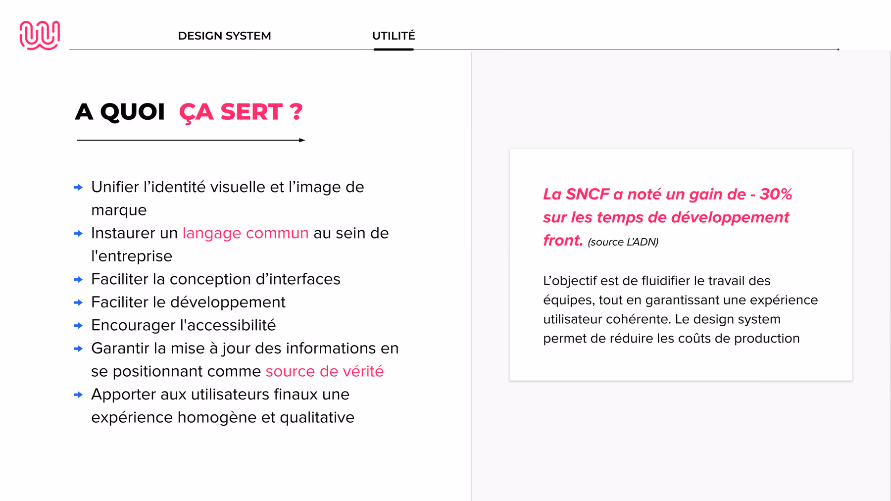 Une des slides du support pédagogique démontrant l'utilité concrète d'un design system