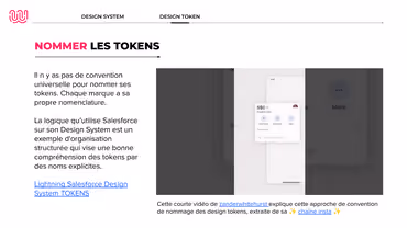 Une des slides du support pédagogique qui présente plusieurs nomenclatures et convention de nommages des design tokens - Cliquez pour visualiser en plein écran