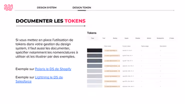 Une des slides du support pédagogique qui présente plusieurs façons de documenter les design tokens - Cliquez pour visualiser en plein écran