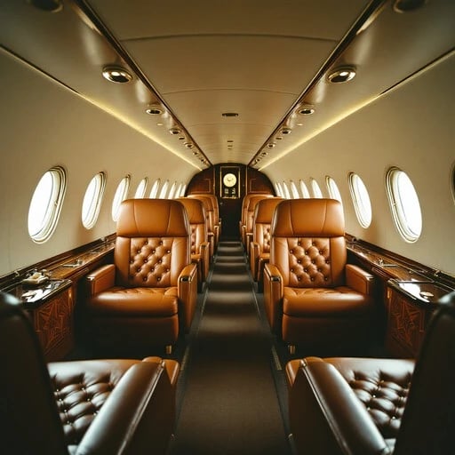 Interior of a private jet with tan leather reclining seats arranged in pairs along both sides and oval windows.