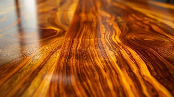 Close-up of polished wood surface with rich natural grain patterns and warm tones.
