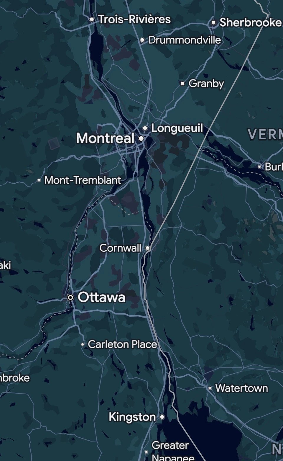 Map showing cities in southern Quebec and Ontario, including Montreal, Ottawa, Kingston, Trois-Rivières, Sherbrooke, and Granby.