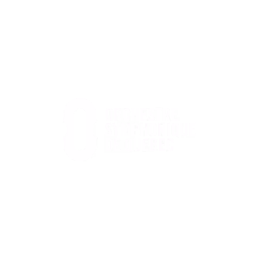 Logo de l'Orchestre symphonique de Québec avec un design stylisé d'un instrument à cordes en blanc sur fond noir.