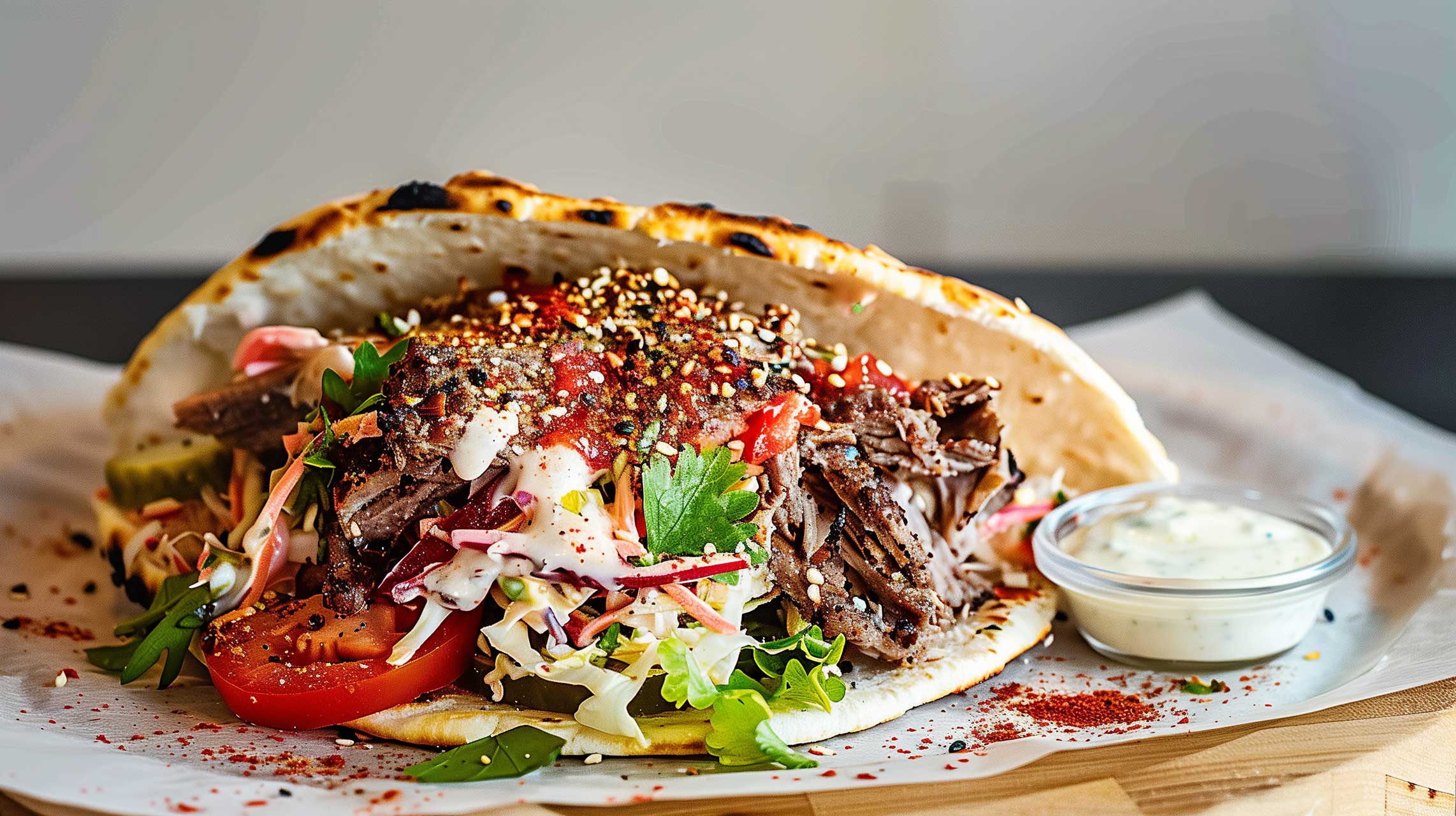 Doner kebab sandwich with sliced meat, fresh vegetables, herbs, sauces, and spices on flatbread with a small bowl of creamy sauce on the side.