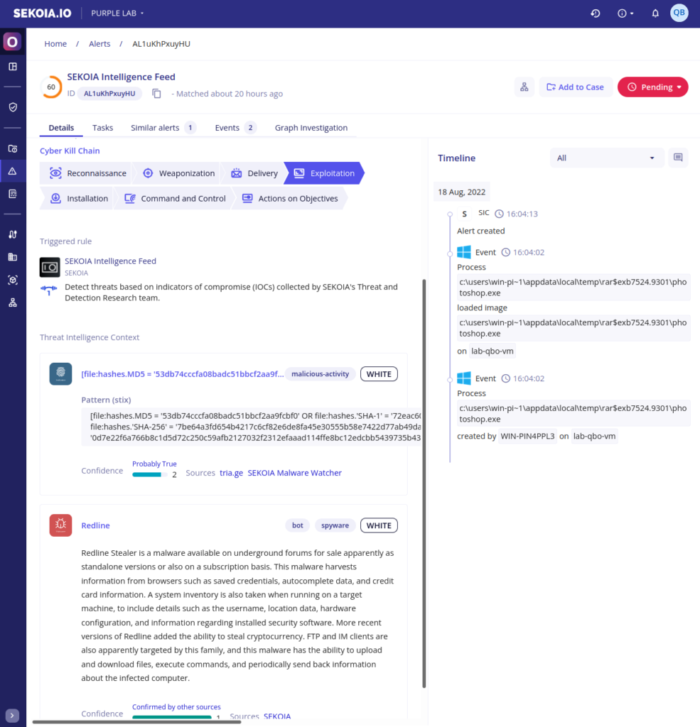 Detection of “photoshop.exe” as Redline in SEKOIA.IO XDR (infection chain example).