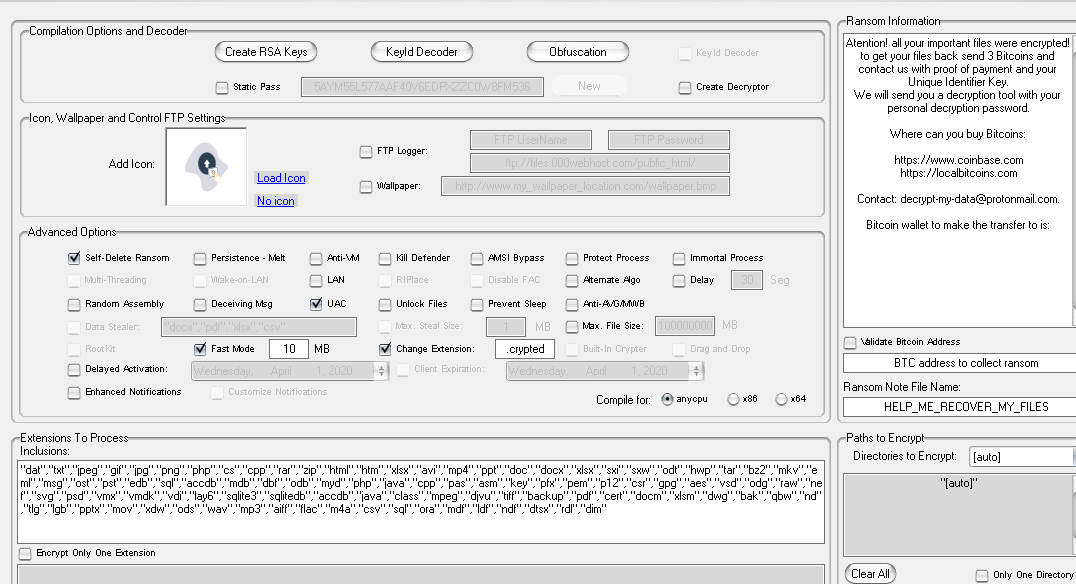 Thanos ransomware builder options, 2020. (Source : Recorded Future)