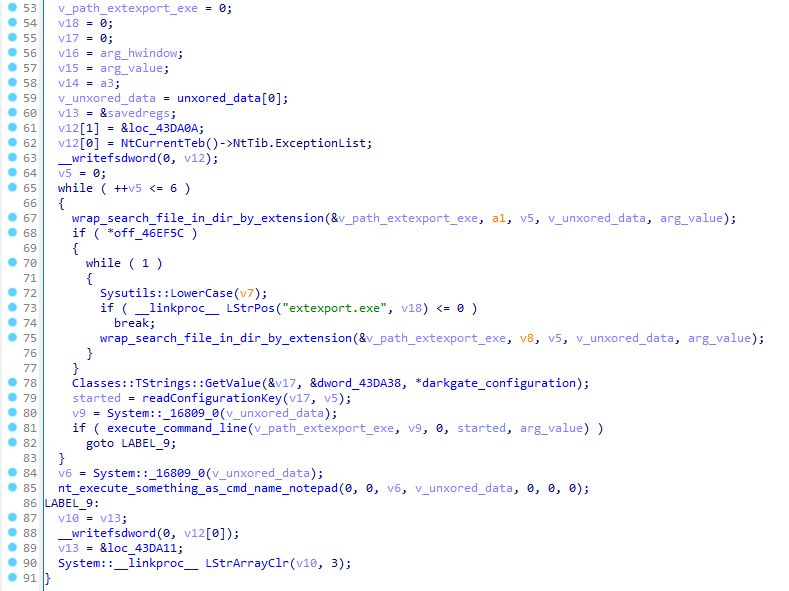 Function that searches extexport.exe to silently load attackers DLL