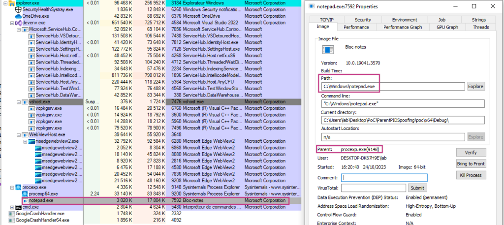 Example of the PoC to spoof the parent PID part of the token thief technique