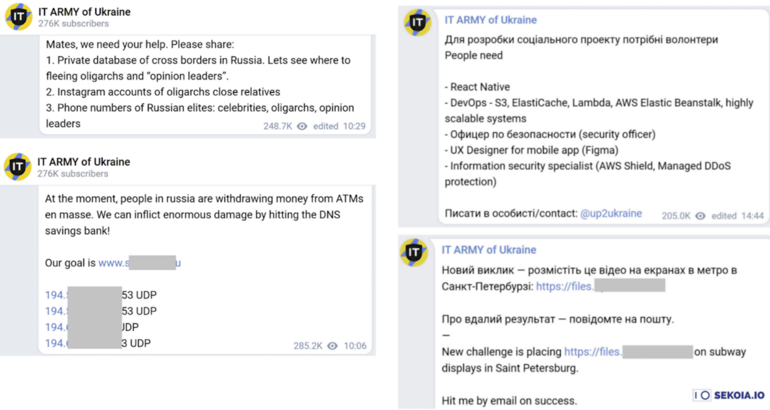 Ukraine’s IT Army messages posted on its official Telegram channel