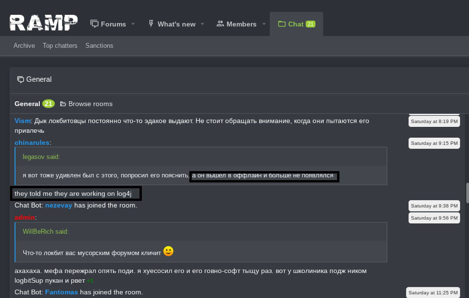 legasov (about the LockBit representative being offline for a while): “he went offline and never showed up again“
chinarules: “they told me they are working on log4j”