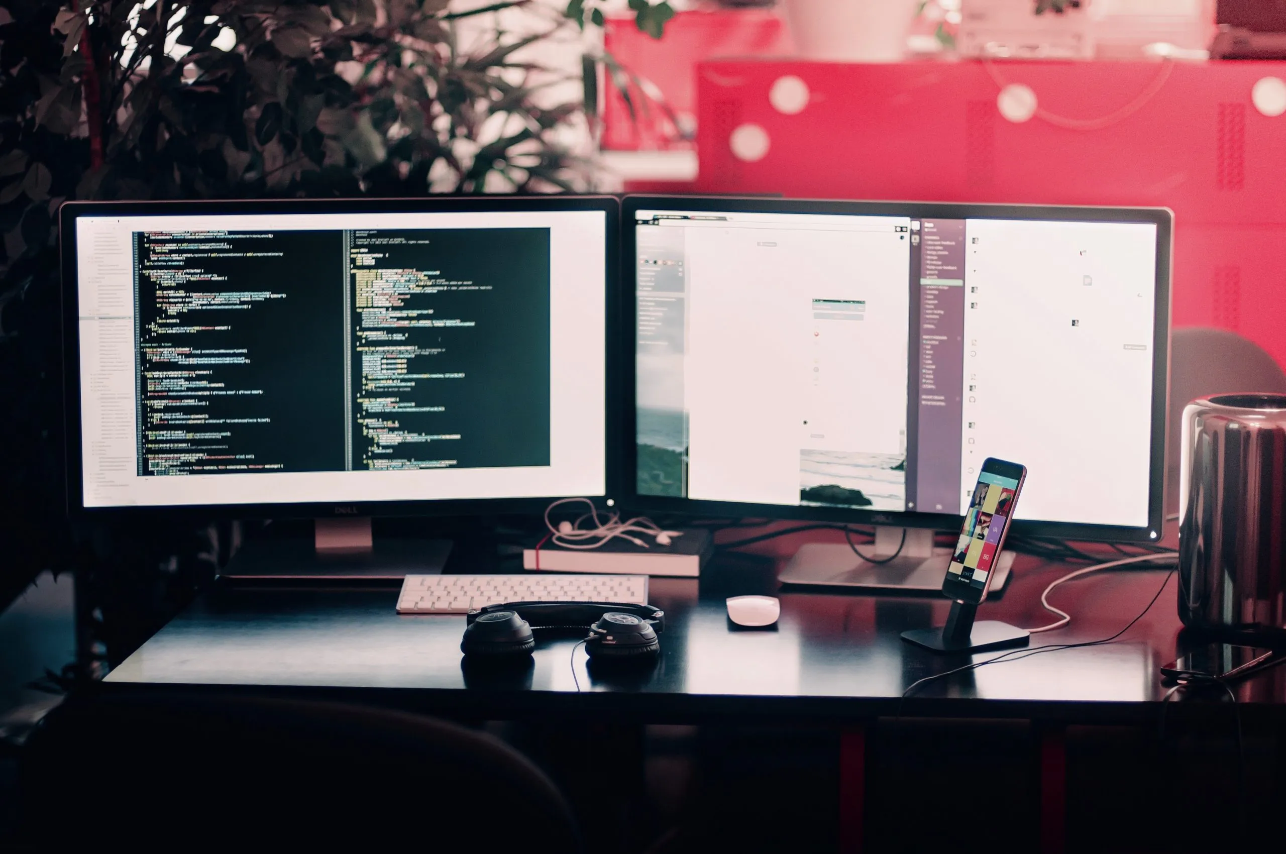 Computer screens with a red background.