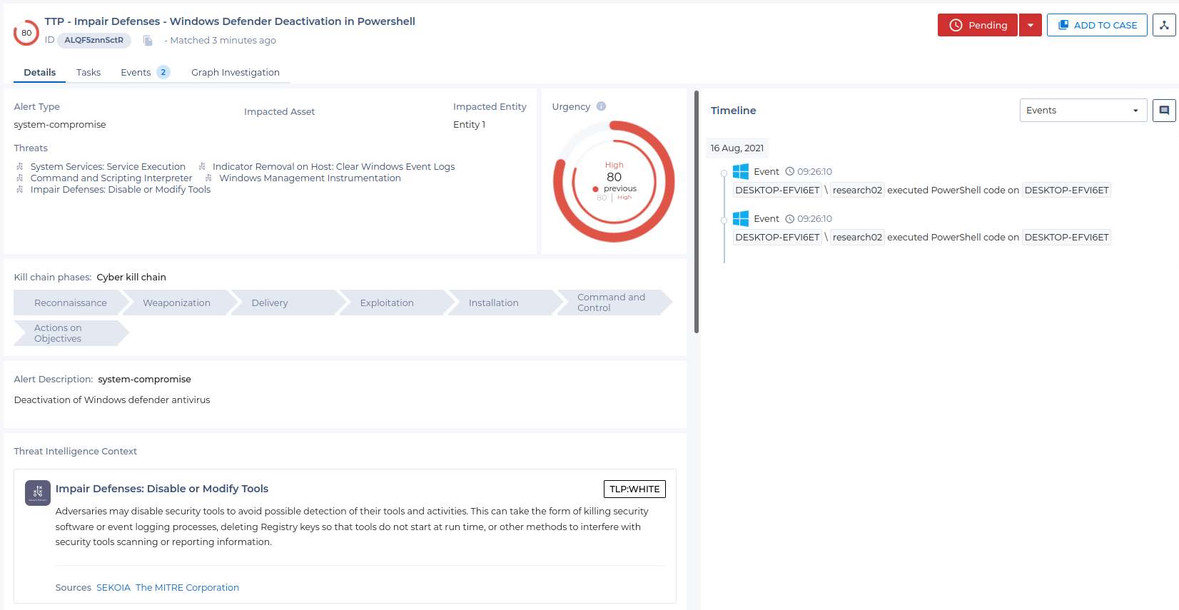 Detection of Windows Defender deactivation in Sekoia