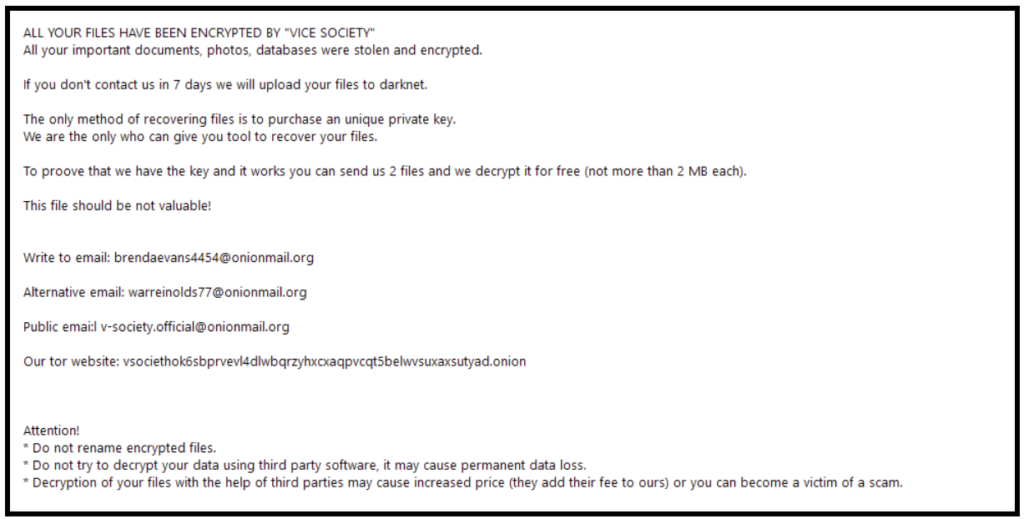 Vice Society ransom note left by a ransomware sample