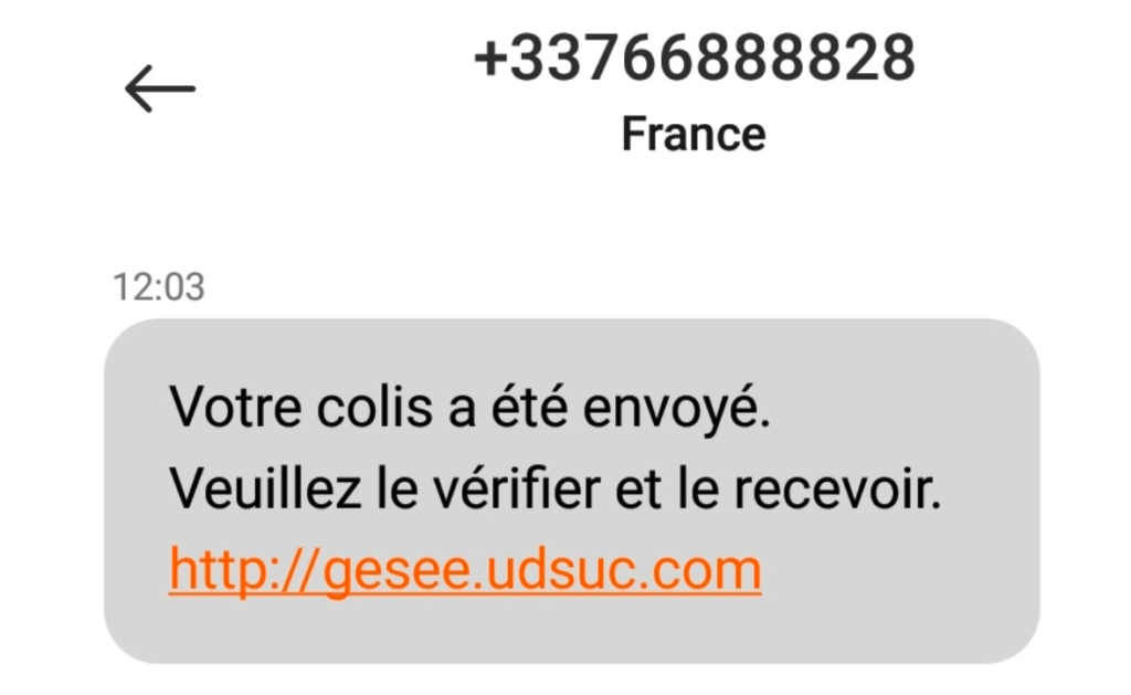 Initial attack vector of Moqhao is Phishing SMS (translated from French: “Your package has been sent. Please check it and receive it.