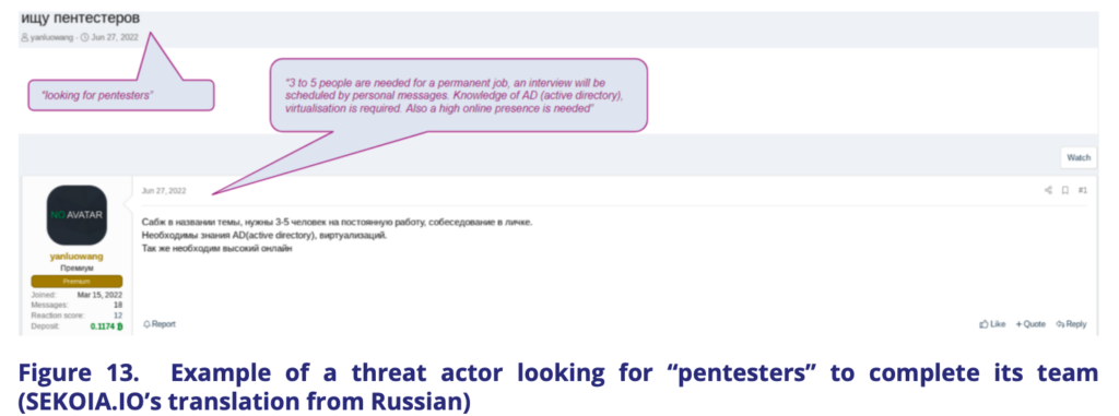 Example of a threat actor looking for “pentesters” to complete its team.