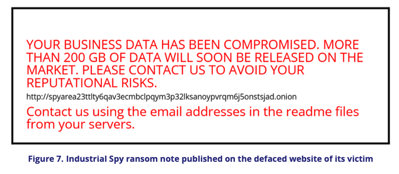 Industrial Spy ransom note published on the defaced website of its victim