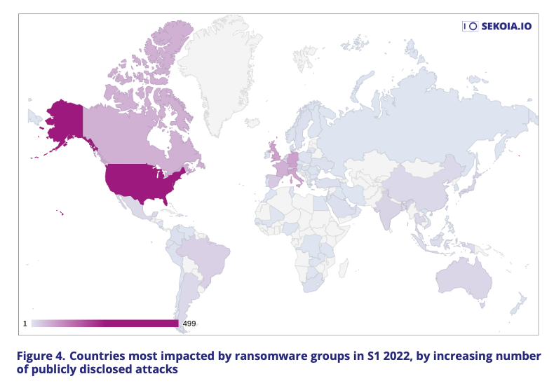 Countries most impacted by ransomware groups in S1 2022, by increasing number of publicly disclosed attacks