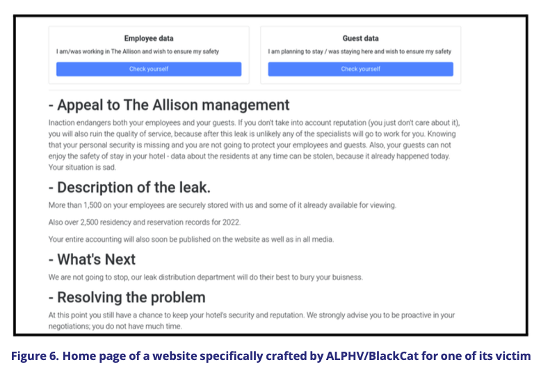 Home page of a website specifically crafted by ALPHV/BlackCat for one its victim