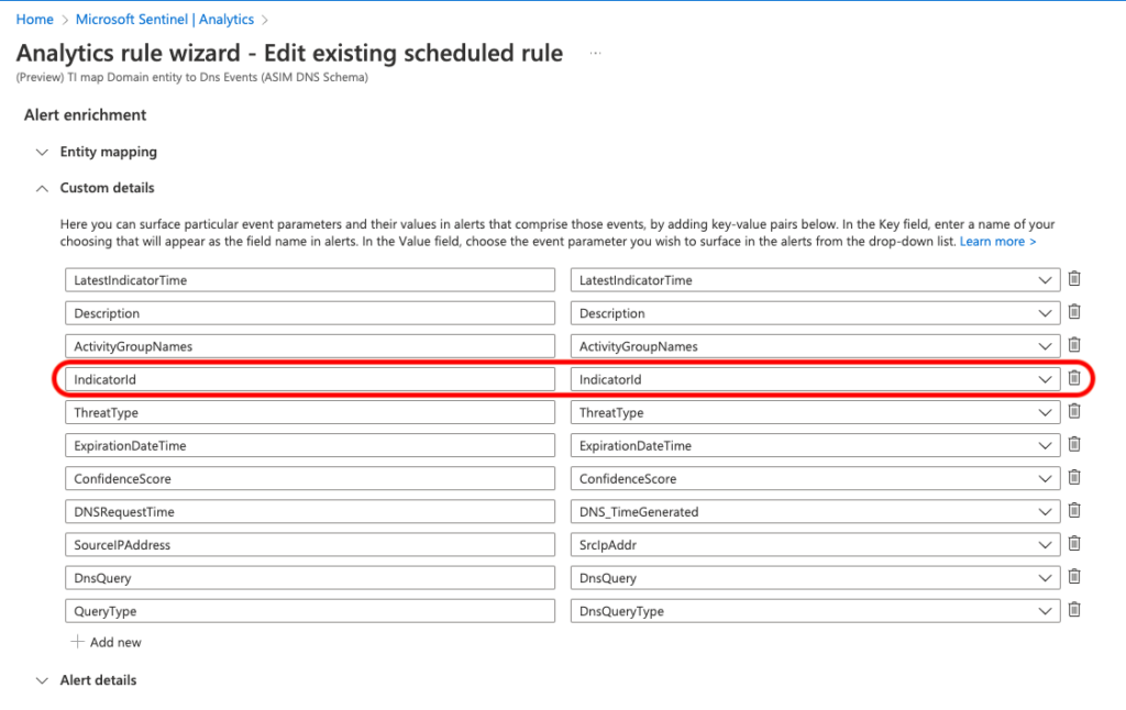 Custom details configuration of the analytics rule (SEKOIA.IO Microsoft Sentinel)