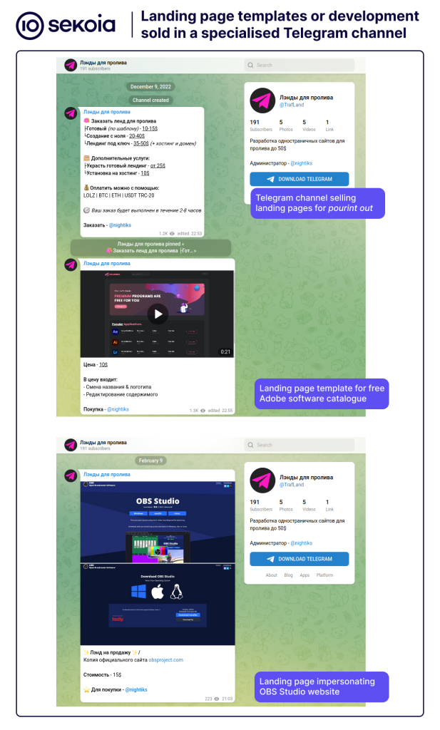 Landing page template or development sold in a Telegram channel specializing in the distribution of infostealers by Russian cybercriminals. Source: Sekoia