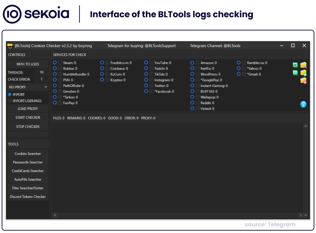 Interface of the BLTools logs checking. Source: Sekoia