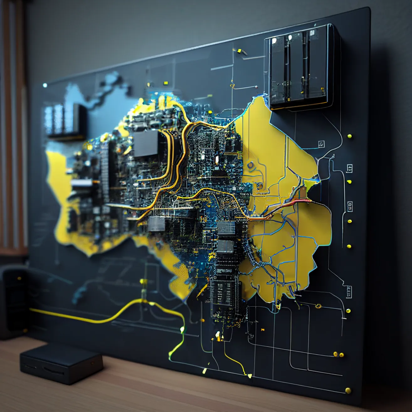 Map that resembles Ukraine with electical wire connections running through it.