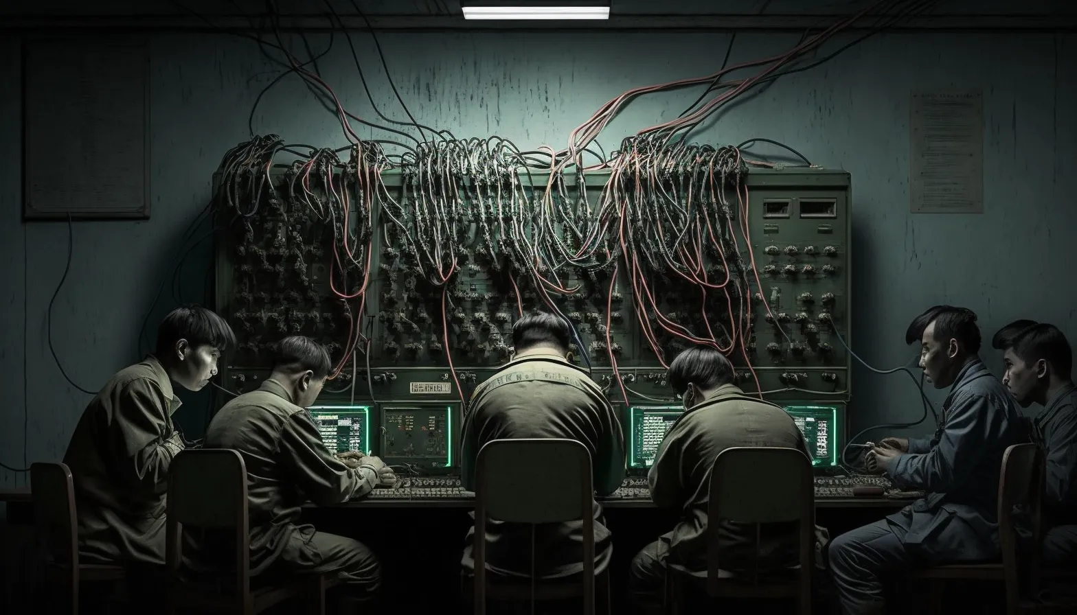 Hackers working around a switchboard.