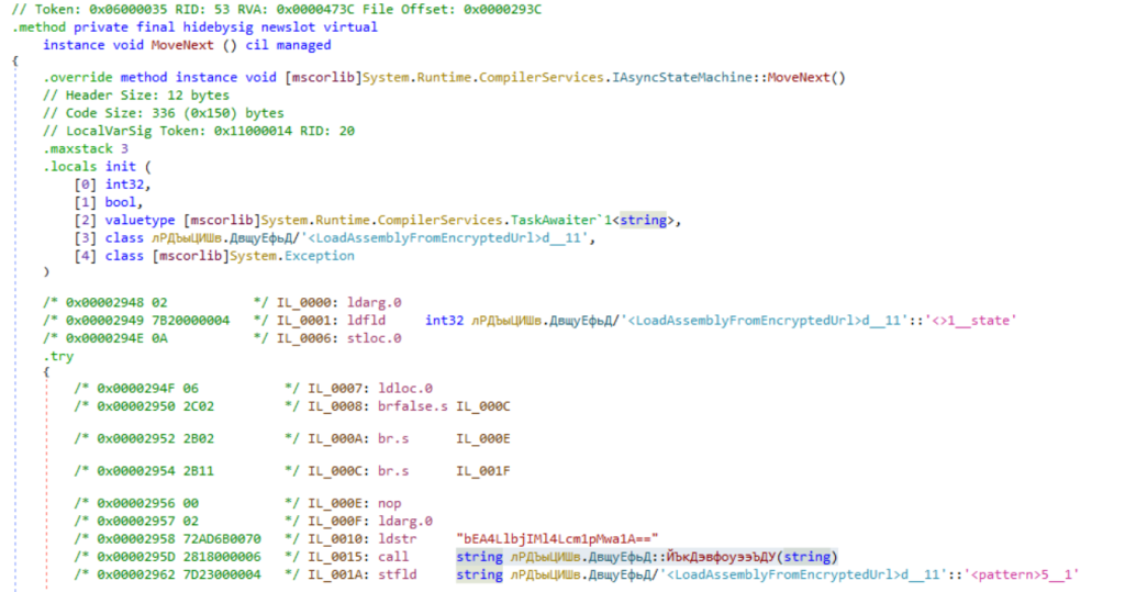 IL code of the asynchronous task responsible of the strings decryption. Source: Sekoia.io TDR analysts