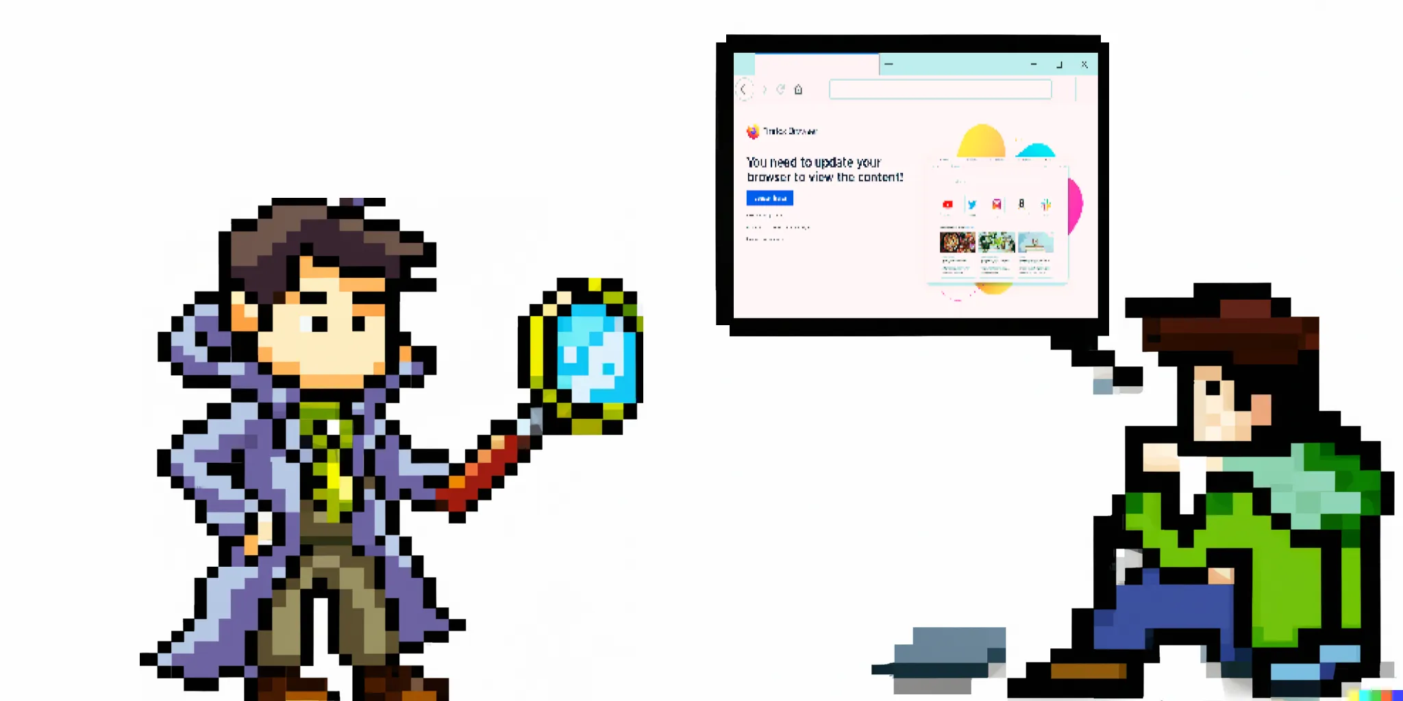 cartoon characters looking at a screen.