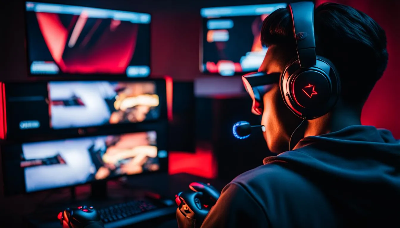 a gamer with a headset and multiple screens