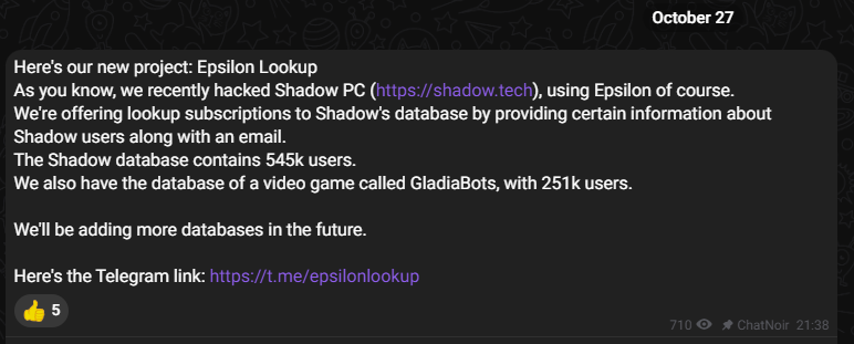 Shadow attack's claimed by Epsilon stealers administrators. Source: Sekoia TDR