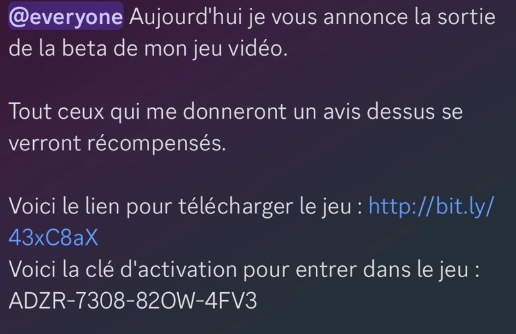 Message (in French) on a public discord channel to promote a fake game. Source: Sekoia TDR