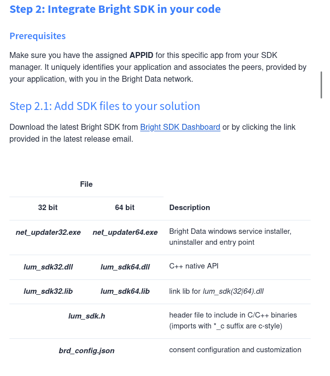 Example of a Bright Data SDK documentation page for a developer wishing to integrate proxyware into his software.